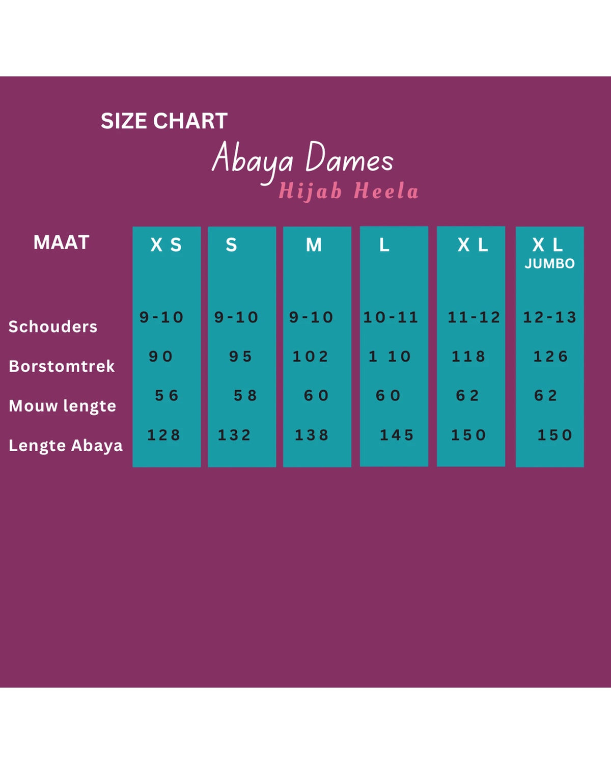 Abaya Dames Eida – maattabel