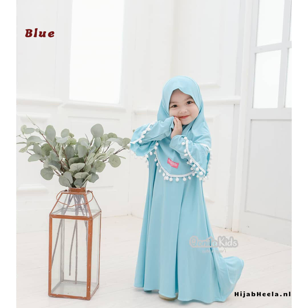 a woman in a blue dress holding a flower