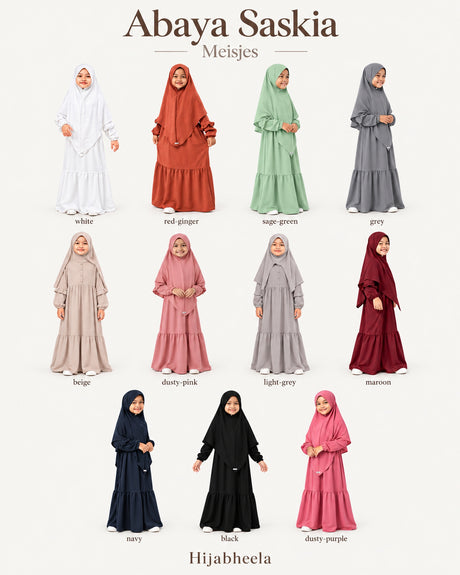 Abaya Saskia voor meisjes – overzicht van de 11 kleuren, Hijabheela